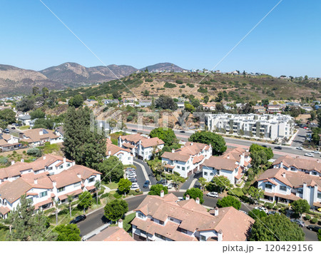 Aerial view of residential subdivision house neighborhood in Mission Mesa. South California, USA Aerial view of residential subdivision house neighborhood in Mission Mesa. South California, USA 120429156
