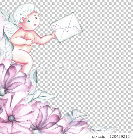Vintage frame with delicate pink and white flowers and a cute cupid with a message. An elegant postcard. Handmade watercolor illustration. For greeting and invitation cards, banners, flyers, posters. 120429216