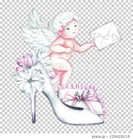 Wedding women's high-heeled shoes decorated with flowers, wedding rings, and a cupid with a message. A watercolor illustration made by hand. An isolated composition in delicate white and pink tones. 120429218