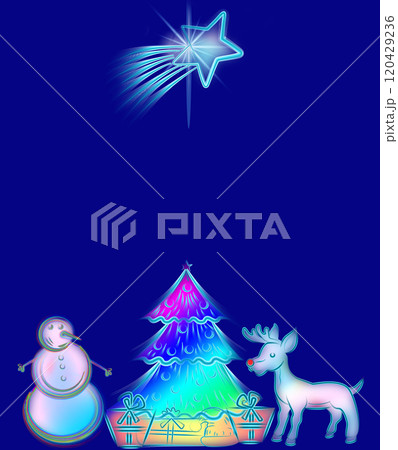 Christmas postcard, to congratulate the new year Christmas, star with glow, snowman, Christmas tree, gifts and the Rudolf deer 120429236