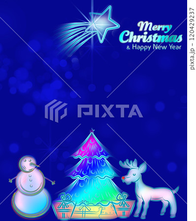 Christmas postcard, to congratulate the new year Christmas, star with glow, snowman, Christmas tree, gifts and the Rudolf deer 120429237