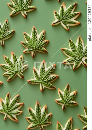 Cannabis Leaf Shaped Cookies on Green Background for Edible Marketing Cannabis Leaf Shaped Cookies on Green Background for Edible Marketing 120429584