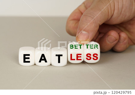 On a gray surface are white cubes with the inscription - eat less to eat better 120429795