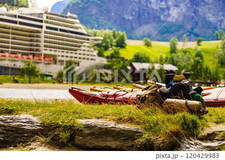 Kayaks and cruise ship in Flam, Norway Kayaks and cruise ship in Flam, Norway 120429983