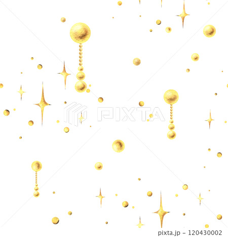 Pendants gold with beads of different sizes, scattering of sparkling stars. Christmas, New Year, winter watercolor illustration hand-drawn. Seamless pattern on a white background Pendants gold with beads of different sizes, scattering of sparkling stars. Christmas, New Year, winter watercolor illustration hand-drawn. Seamless pattern on a white background 120430002