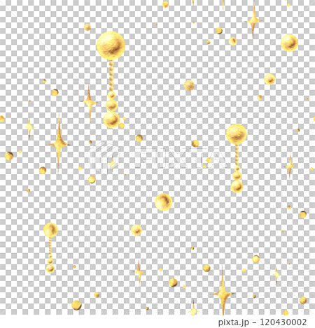 Pendants gold with beads of different sizes, scattering of sparkling stars. Christmas, New Year, winter watercolor illustration hand-drawn. Seamless pattern on a white background Pendants gold with beads of different sizes, scattering of sparkling stars. Christmas, New Year, winter watercolor illustration hand-drawn. Seamless pattern on a white background 120430002