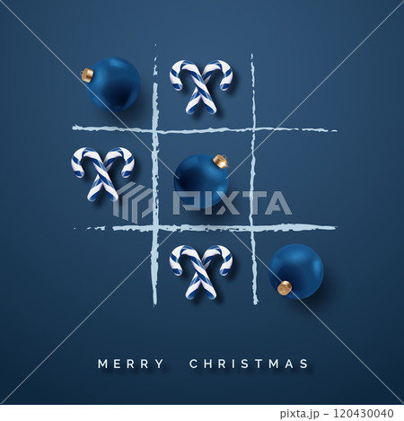Christmas themed tic tac toe game with blue ornaments and candy canes on a navy background Christmas themed tic tac toe game with blue ornaments and candy canes on a navy background 120430040
