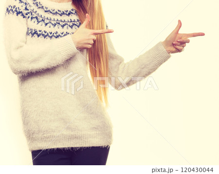 Woman legs in black trousers and furry jumper Woman legs in black trousers and furry jumper 120430044