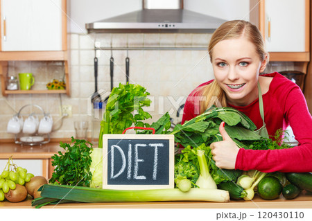 Woman in kitchen having green diet vegetables Woman in kitchen having green diet vegetables 120430110