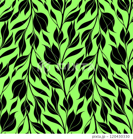 simple seamless pattern of black flowers on a green background, texture, design 120430330