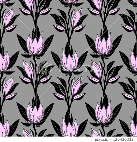 simple contour seamless pattern of pink magnolias on a gray background, texture 120430332