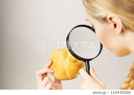 Bun bread roll and magnifying glass Bun bread roll and magnifying glass 120430566