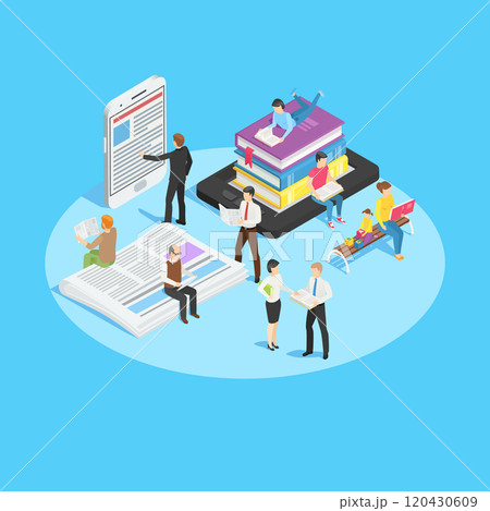 People are reading various media including printed books, newspapers, electronic books and smartphones, enjoying their reading time in different postures, in isometric view 120430609