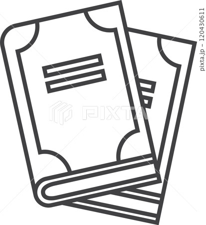 Two overlapping books symbolize reading, education, and knowledge in a simple black and white design, perfect for academic concepts 120430611