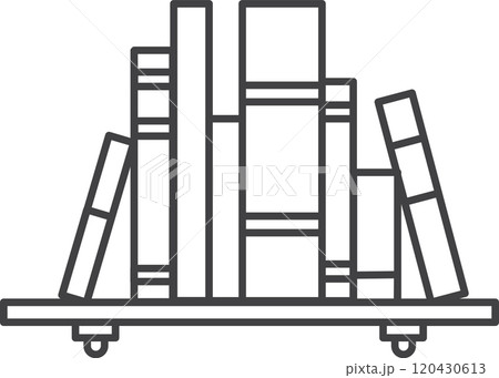Minimalist line art illustration presents a bookshelf holding a stack of books, offering a clean and modern depiction of literature and organization Minimalist line art illustration presents a bookshelf holding a stack of books, offering a clean and modern depiction of literature and organization 120430613