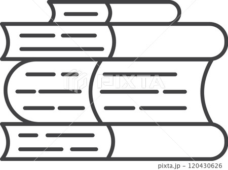 Simple line drawing of four books stacked, with the middle book open, showing text, representing learning, studying, and reading 120430626
