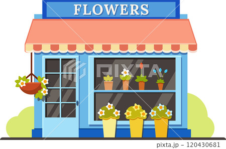 Small business flower shop selling colorful blooming plants in pots displayed on shelves and on the sidewalk, hanging basket with flowers, vector illustration Small business flower shop selling colorful blooming plants in pots displayed on shelves and on the sidewalk, hanging basket with flowers, vector illustration 120430681