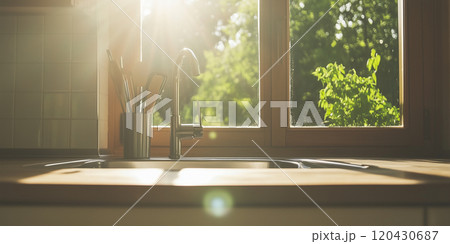 Farm kitchen window view. Brown wooden kitchen sink Scandinavian natural design. Green landscape natural leaves photo 120430687
