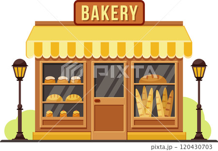 Small business bakery shop building facade with bread, cakes and baguettes displayed in the window, yellow awning and street lamps 120430703