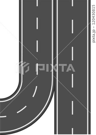 Illustration featuring a winding road seamlessly merging with a straight highway, creating a visual representation of diverging and converging paths, set against a clean white backdrop Illustration featuring a winding road seamlessly merging with a straight highway, creating a visual representation of diverging and converging paths, set against a clean white backdrop 120430815