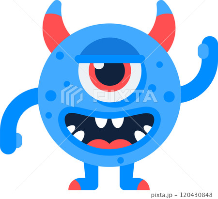 Playful blue one eyed monster with red horns raising its arm and showing teeth in a friendly expression, ideal for children s products or halloween projects 120430848