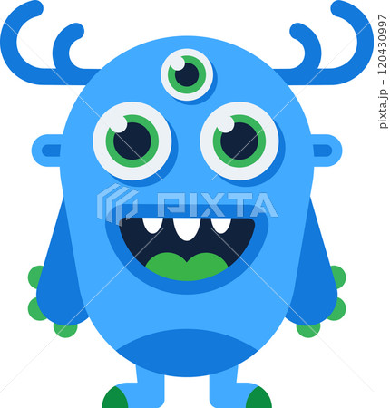 Friendly, cartoonish blue monster with three eyes, antlers, and a wide, toothy grin stands on two legs, exuding a playful and whimsical vibe 120430997