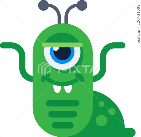 Cartoon illustration of a one eyed green monster waving and smiling, featuring antennas, teeth, and a playful expression, perfect for children s designs 120431005