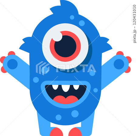 Cartoon illustration of a friendly, smiling, one eyed blue monster waving, perfect for childrens books, games, or any project needing a touch of whimsy 120431010
