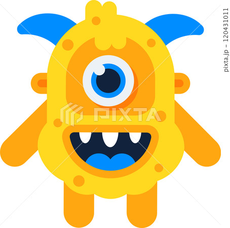 Cute yellow one eyed monster with blue horns smiles, showing teeth, standing on short legs. Perfect for playful designs 120431011