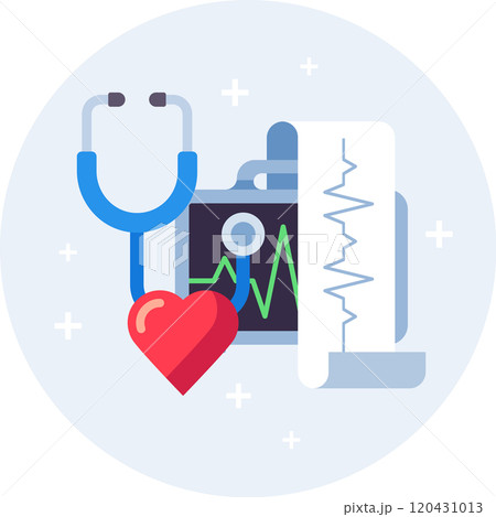Cardiology equipment including a stethoscope, heart shape, and ekg report are combined in a visually appealing design, emphasizing the importance of heart health and medical diagnostics 120431013