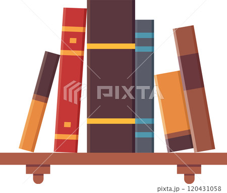 Colorful books are standing and leaning on a small wooden shelf, creating a cozy and inviting atmosphere for reading and learning Colorful books are standing and leaning on a small wooden shelf, creating a cozy and inviting atmosphere for reading and learning 120431058