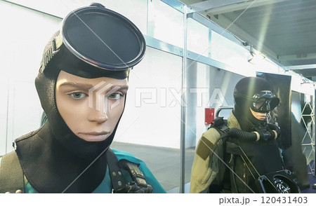 Close up view of Mannequins with military diving equipment Close up view of Mannequins with military diving equipment 120431403