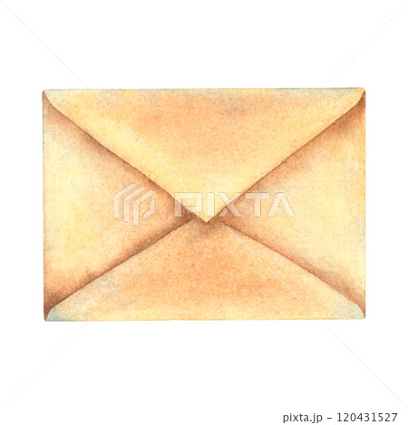 Closed craft paper envelope for letters. Hand drawn watercolor illustration of old postal message on isolated background. Retro correspondence. Drawing of vintage mail for greeting cards, invitations. 120431527