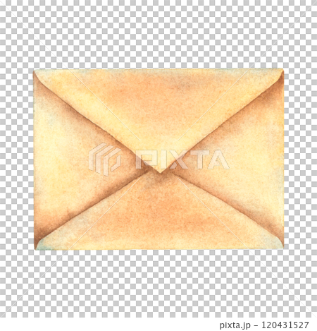 Closed craft paper envelope for letters. Hand drawn watercolor illustration of old postal message on isolated background. Retro correspondence. Drawing of vintage mail for greeting cards, invitations. 120431527