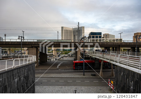 Pedestrian overpass and bridge constructions at the Sloterdijk railway stationAmsterdam, The Netherlands Pedestrian overpass and bridge constructions at the Sloterdijk railway stationAmsterdam, The Netherlands 120431847