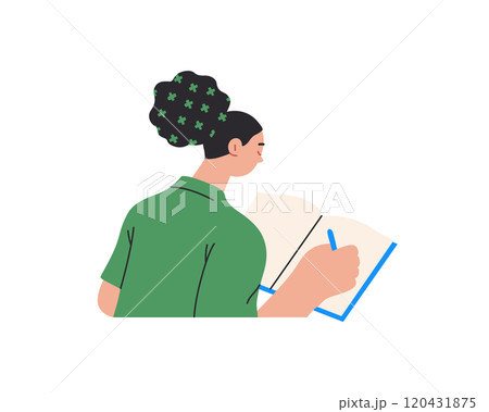 Writing people, modern flat vector concept illustration- sitting woman thoughtfully writing on notebook. Metaphor for reflection, personal insight, contemplation, creative expression 120431875