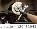 A hand holds wrenches against the background of a car wheel brake system at shallow depth of field. 120431943