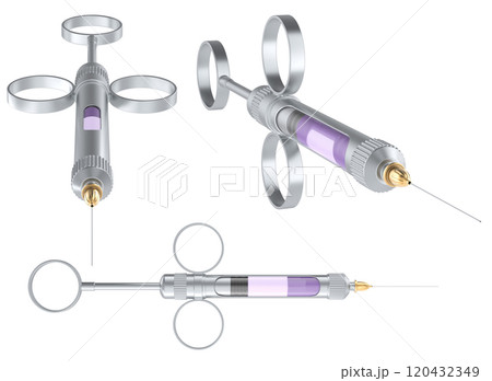 Carpool syringes for anesthesia in dentistry, side and front views. 3D rendering Carpool syringes for anesthesia in dentistry, side and front views. 3D rendering 120432349