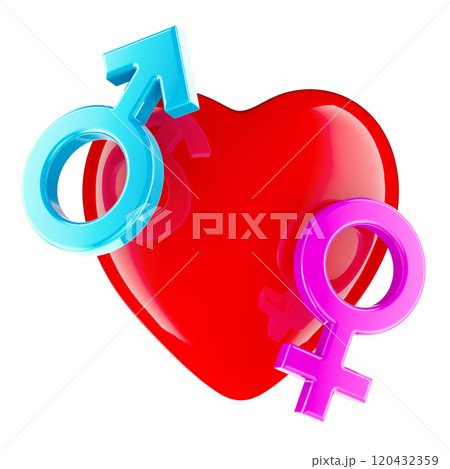 Red heart with female and male gender symbols. Dating applications, concept. 3D rendering Red heart with female and male gender symbols. Dating applications, concept. 3D rendering 120432359