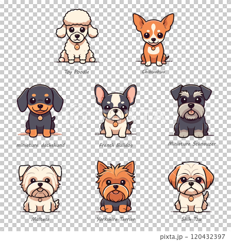 Cute illustrations of 8 popular small dog breeds Cute illustrations of 8 popular small dog breeds 120432397