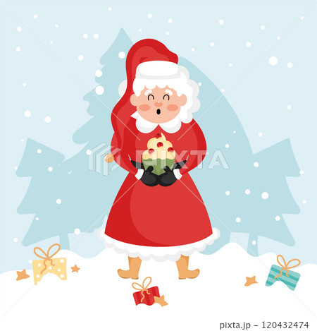 Mrs Claus holding festive Christmas cupcake, Vector 120432474