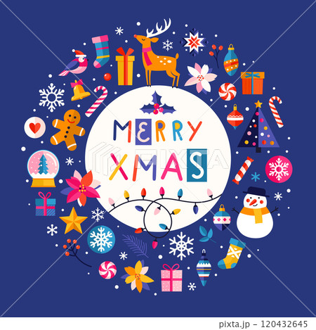 Colorful Holiday Greeting Card Featuring Festive Designs. Colorful Holiday Greeting Card Featuring Festive Designs. 120432645