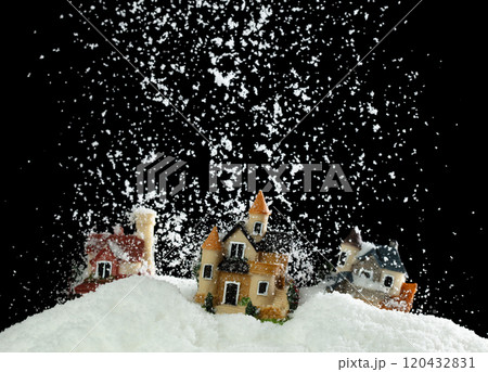 Snow fall cover house over black night background isolated. Winter snow storm falling on house like avalanche from climate change extreme weather disaster 120432831