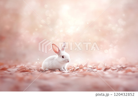 Adorable white rabbit sitting on a soft bed of...のイラスト素材 [120432852 ...