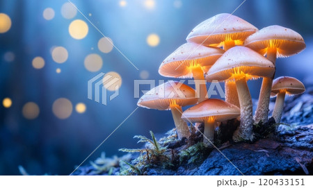 Glowing mushrooms growing on mossy log in enchanted forest at night Glowing mushrooms growing on mossy log in enchanted forest at night 120433151