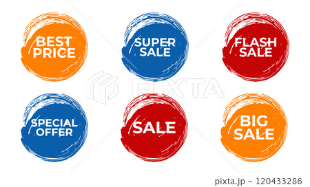 Creative Discount Labels and sale stickers painted brush strokes. For advertising web banner social network email. Bright and attractive design. Vector illustration. Creative Discount Labels and sale stickers painted brush strokes. For advertising web banner social network email. Bright and attractive design. Vector illustration. 120433286