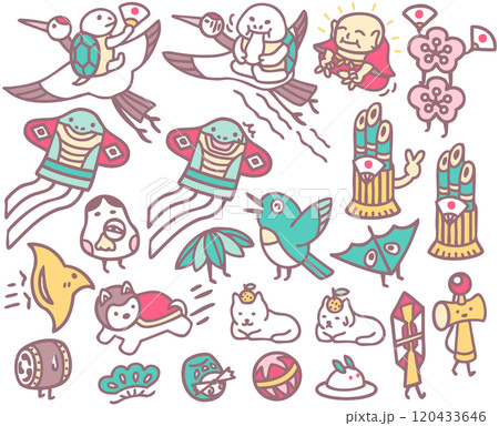 年賀状素材　縁起物　鶴亀　キャラクターイラスト 120433646
