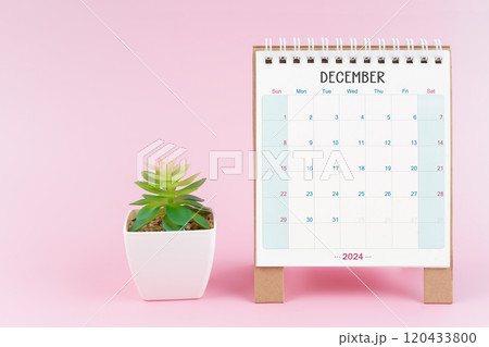 Desk calendar for December 2024 with plant pot. 120433800
