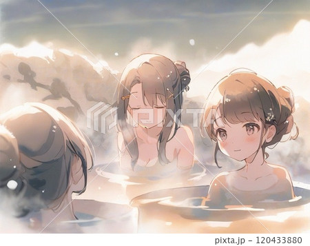 友達同士で朝の露天風呂に入る女の子達 友達同士で朝の露天風呂に入る女の子達 120433880