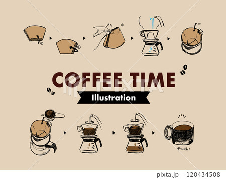 ハンドドリップでのコーヒーの淹れ方イラスト。 ハンドドリップでのコーヒーの淹れ方イラスト。 120434508